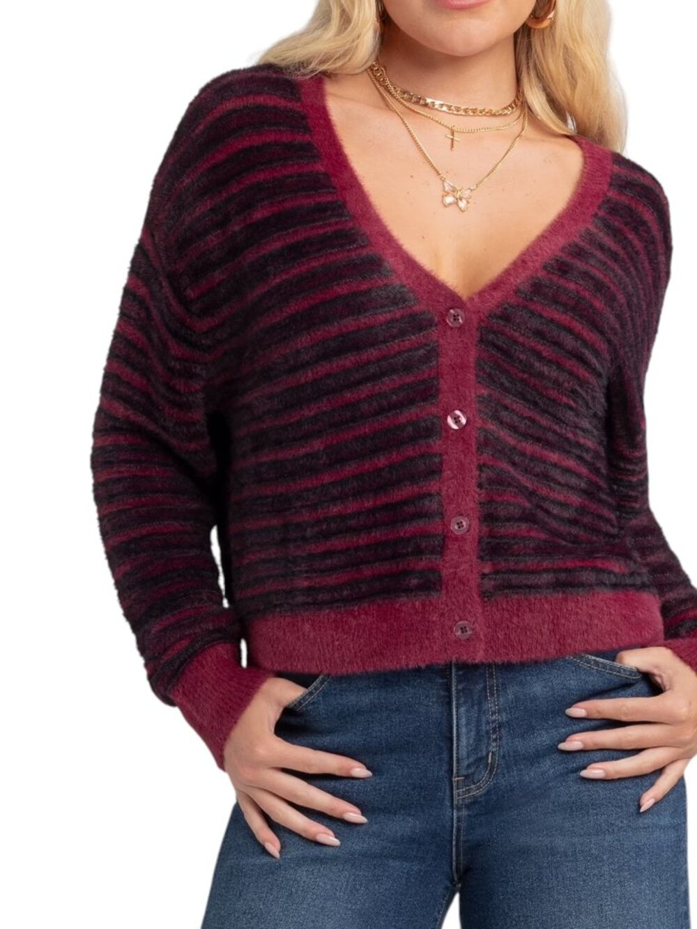 Jessica Simpson Women's Dionne Eyelash Cardigan Sweater XL Wine Stripe NWT